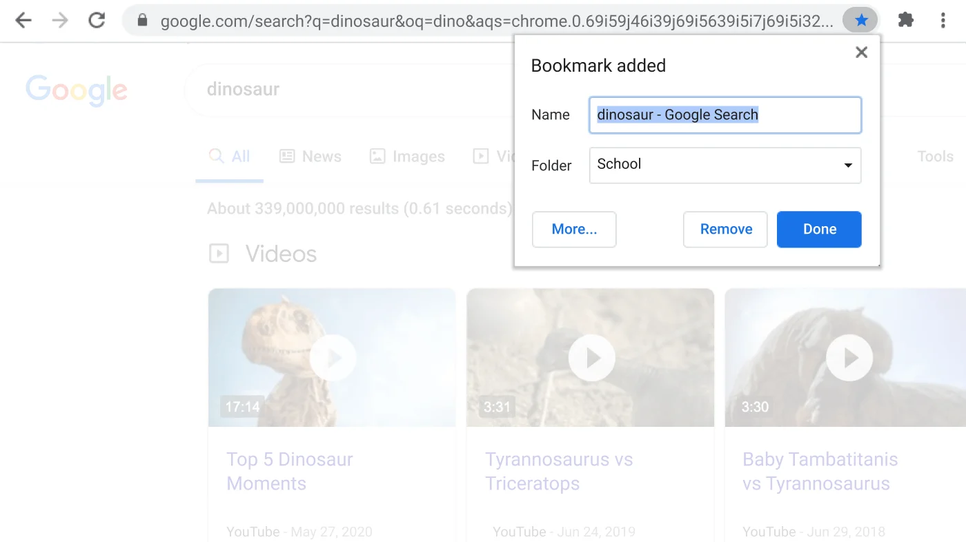 Chrome browser window with open Bookmark dialog box visible.